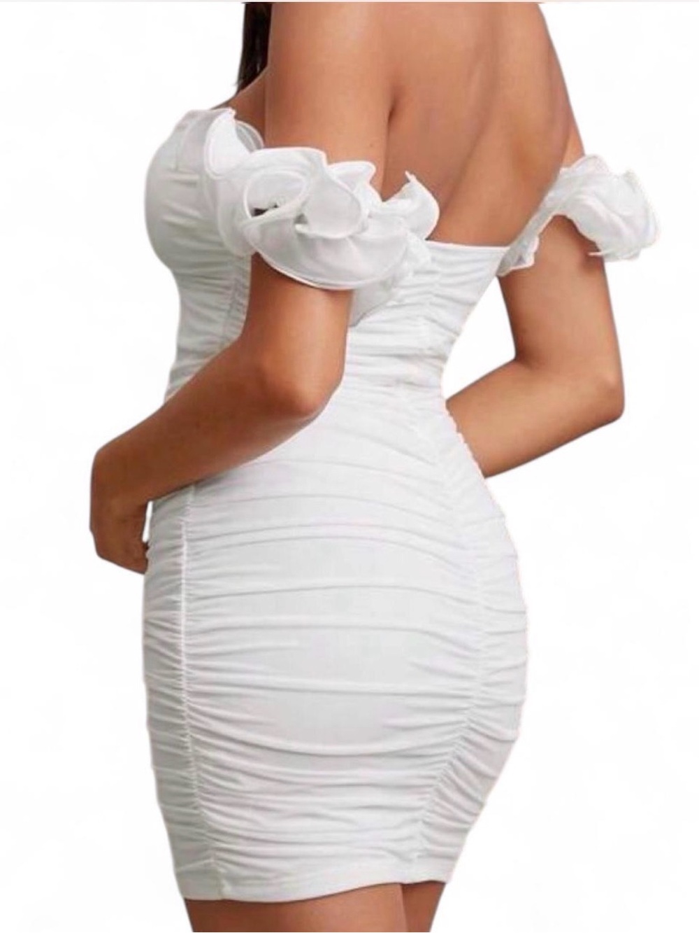 White Off-Shoulder Ruffle Sleeve Ruched Bodycon Dress
